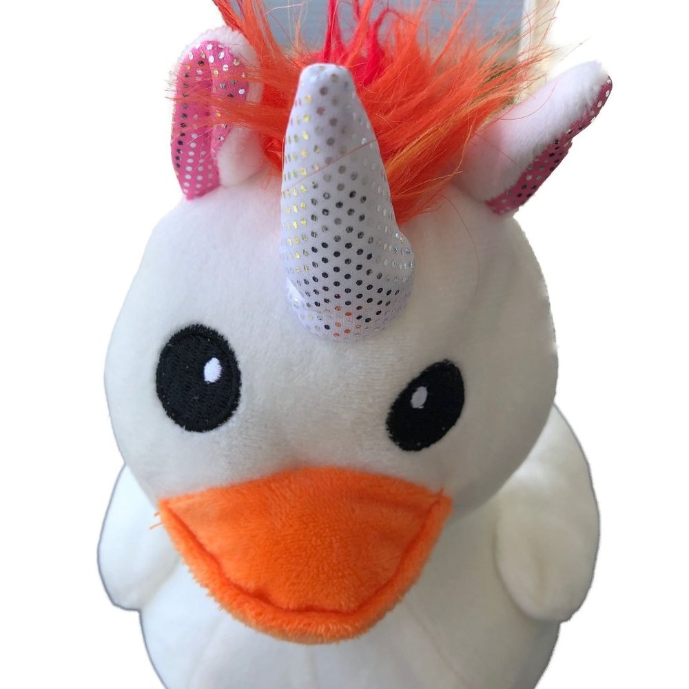 Nanco Rainbow Unicorn Duck Plush White Silver Horn Orange Beak Stuffed 9"